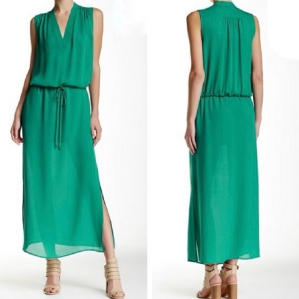 Vince Kelly Green Silk Sleeveless Maxi Dress with Cinch at Waist